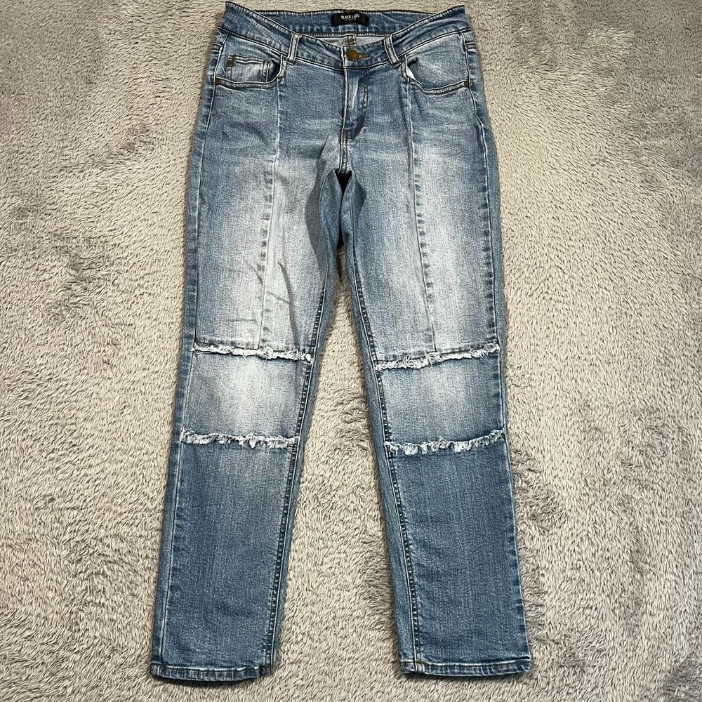Black Label C'est Toi Paneled Raw Edge Seam Straight Jeans Blue Womens Size 7/29